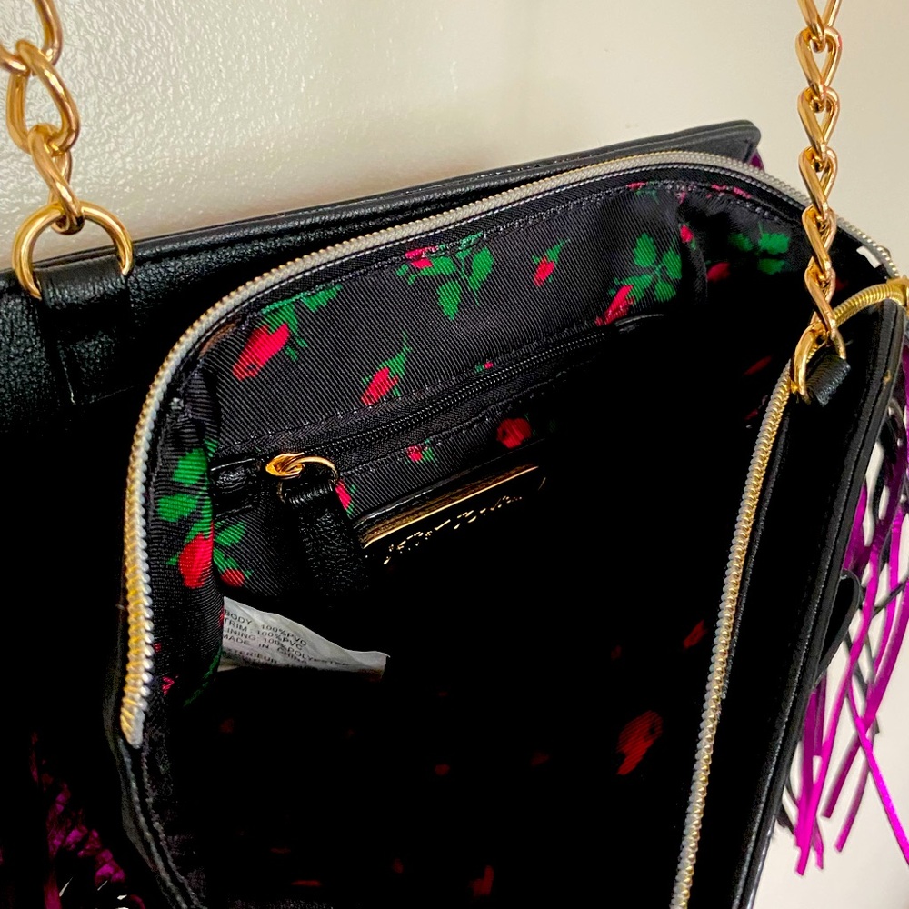 Betsy Johnson Purse W/fringe/ Bag,purple/ Black,Gold hardware, NEW